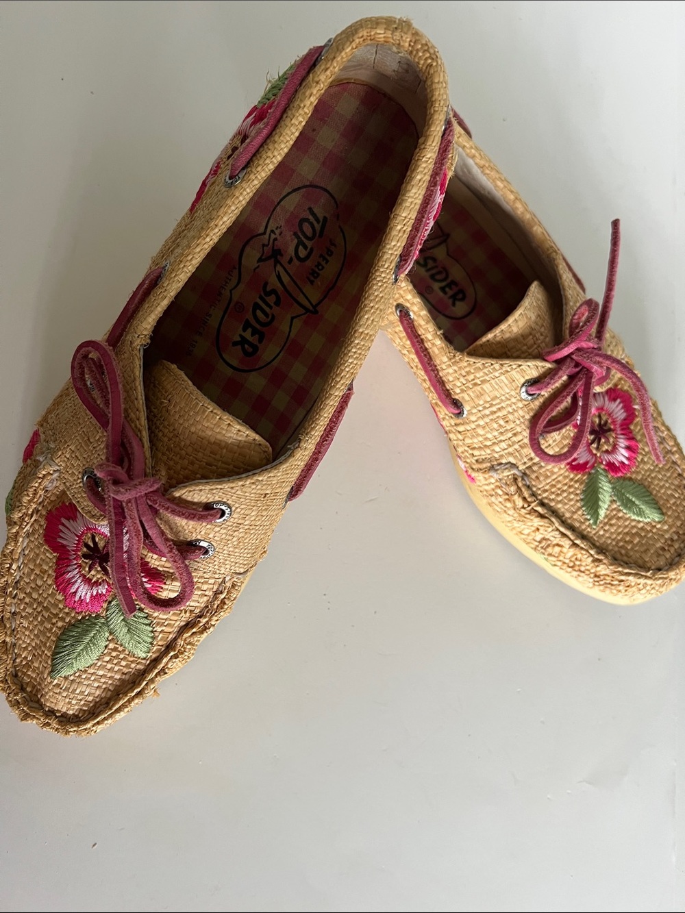SPERRY Topsiders Bahama Floral Embroidered Raffia Boat Shoes - Sz 8 1/2